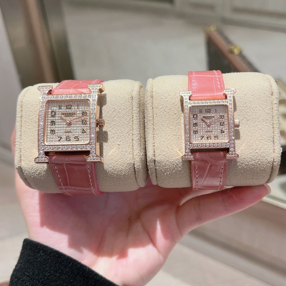 美品HERMES ピンク クロコダイルレザー 時計 HERM?S エルメス ウールH レディース腕時計｜スイス製クオーツ