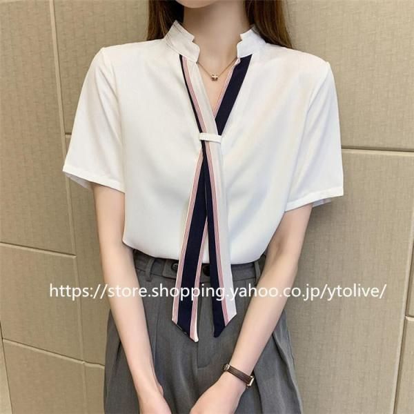 ブラウス シフォン シャツ スキッパー リボン トップス 半袖 レディース 春夏 オフィス 配色ボウタイブラウス ブラウス シフォン シャツ スキッパー リボン トップス 半袖