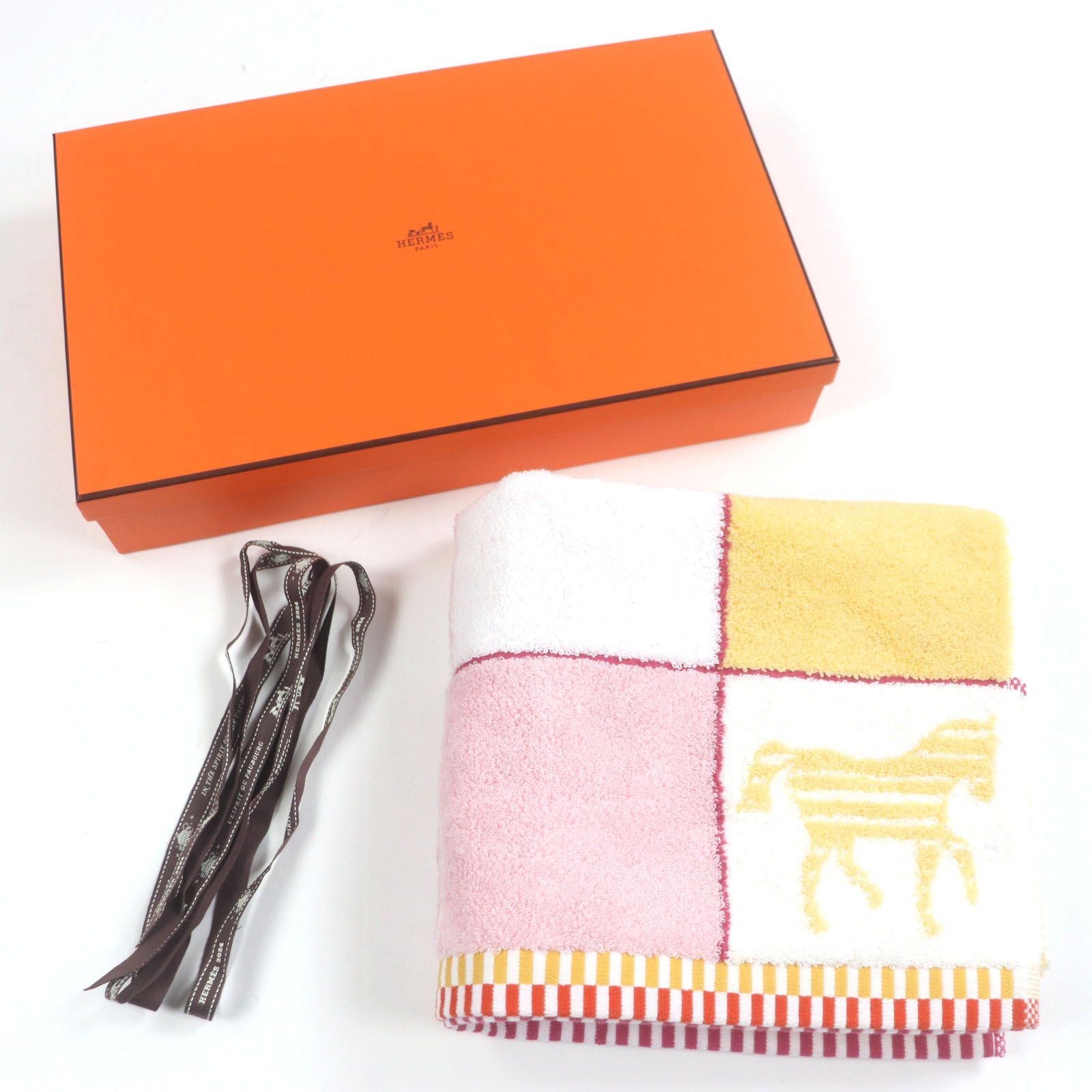 HERMES エルメス カバン コットン ナイジェル ピーク ジャカードタオル地 フェイスタオル ホワイト ピンク イエロー き フランス製 メンズ