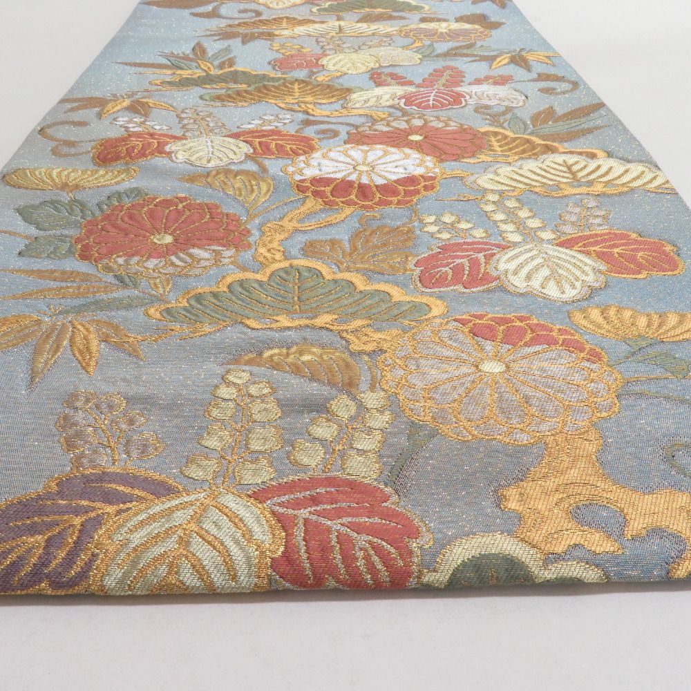 袋帯 瑞花桃山松桐紋 六通柄 灰色x金色x緑色 金銀糸 正絹 仕立て