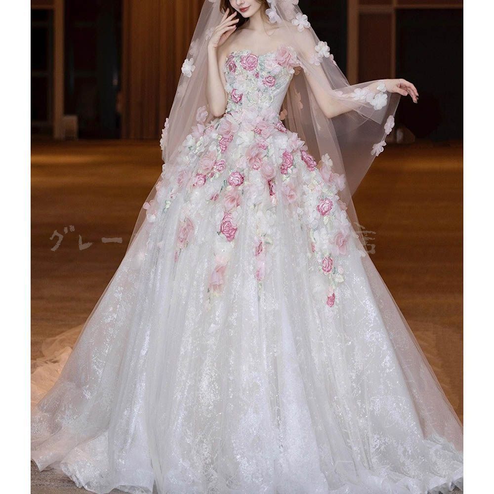 ウェディングドレス 花嫁 二次会 ウエディングドレス 結婚式 ロングドレス Aライン チュール レース ロングトレーン 小花