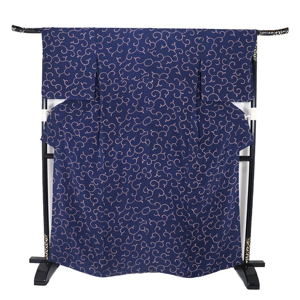 絽袷 小紋 正絹 紺 ピンク 唐草文様 トールサイズ ki31025 美品