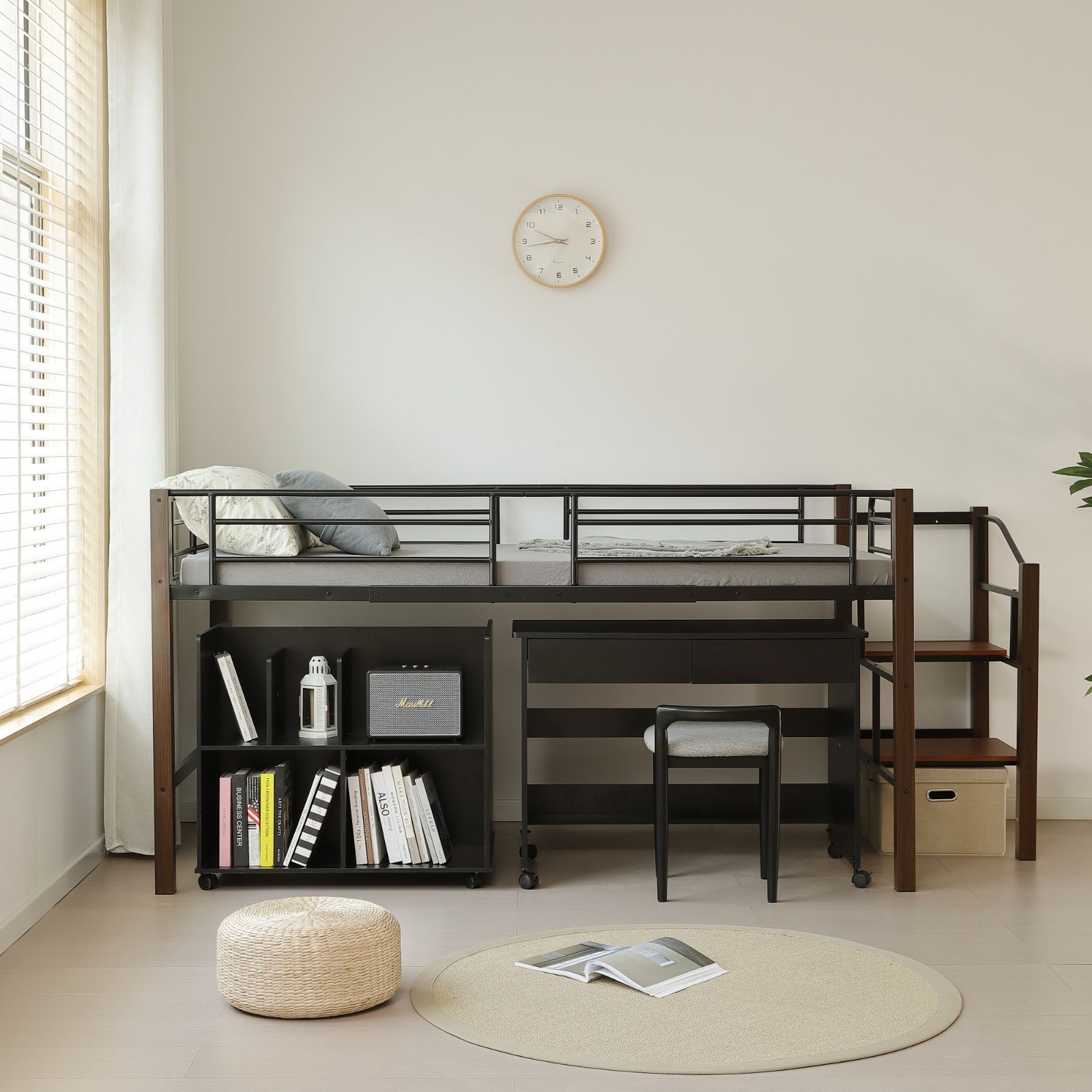 数量 ｘ NANAMiロフトベッド シングル パイプベッド 耐荷重150kg ハイタイプ 棚付き 収納付き ロータイプ 北欧風 スチールベッド 大人 子供部屋 一人暮らしに最適 耐震設計 おしゃれ BLACK NEXPOTALLINN_EU