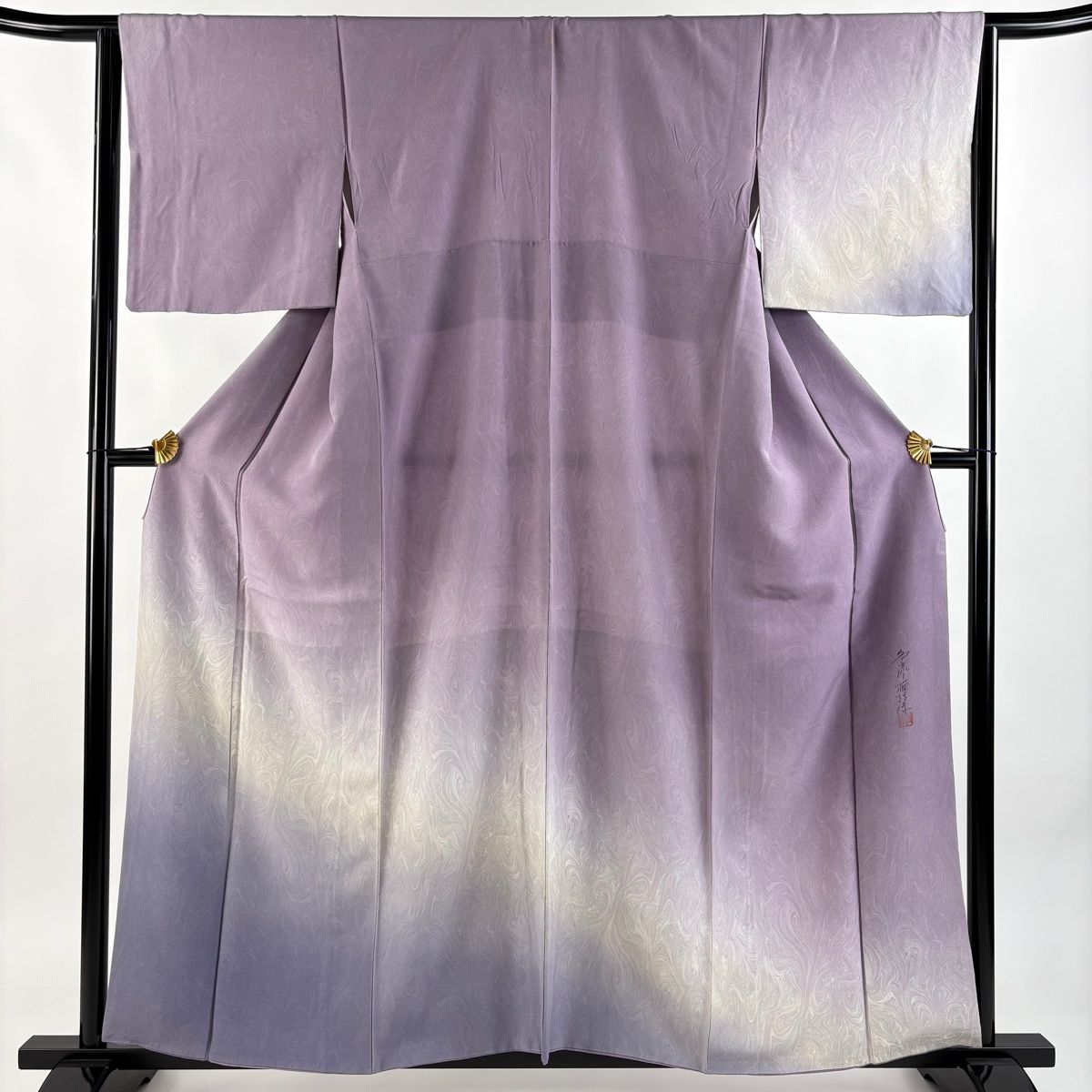 付下げ 身丈159cm 裄丈65cm M 袷 落款 墨流し ぼかし 薄紫 正絹 一つ紋