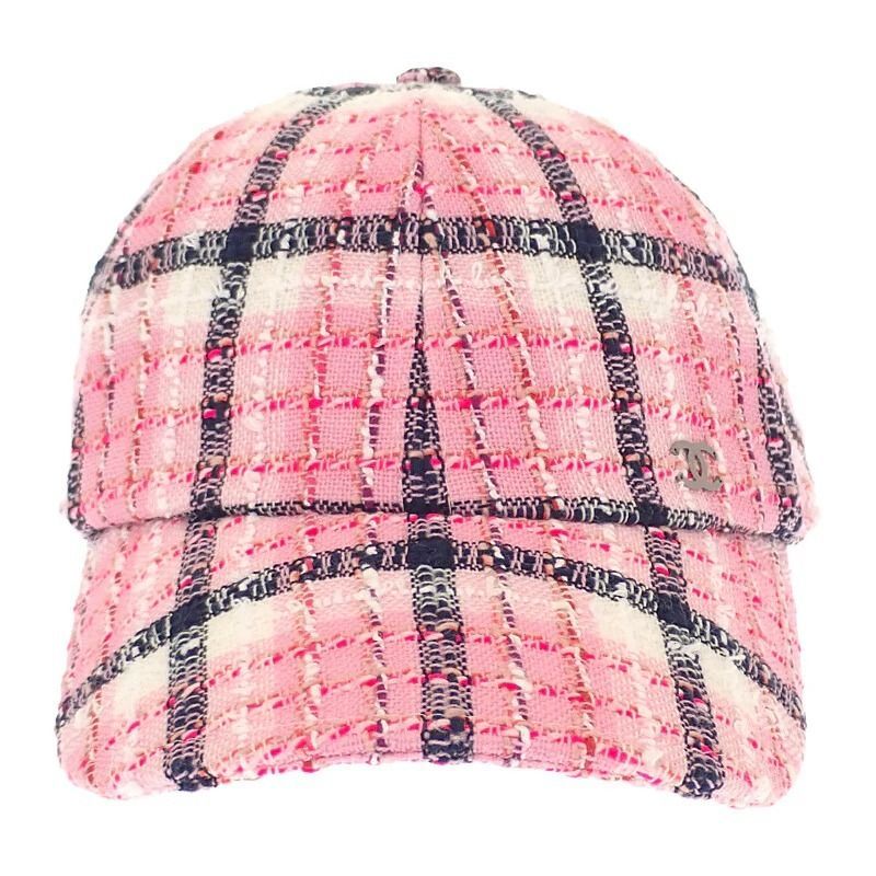 状態良好 CHANEL ココマーク ツイード キャップ コットン ピンク シルバー金具 レディース