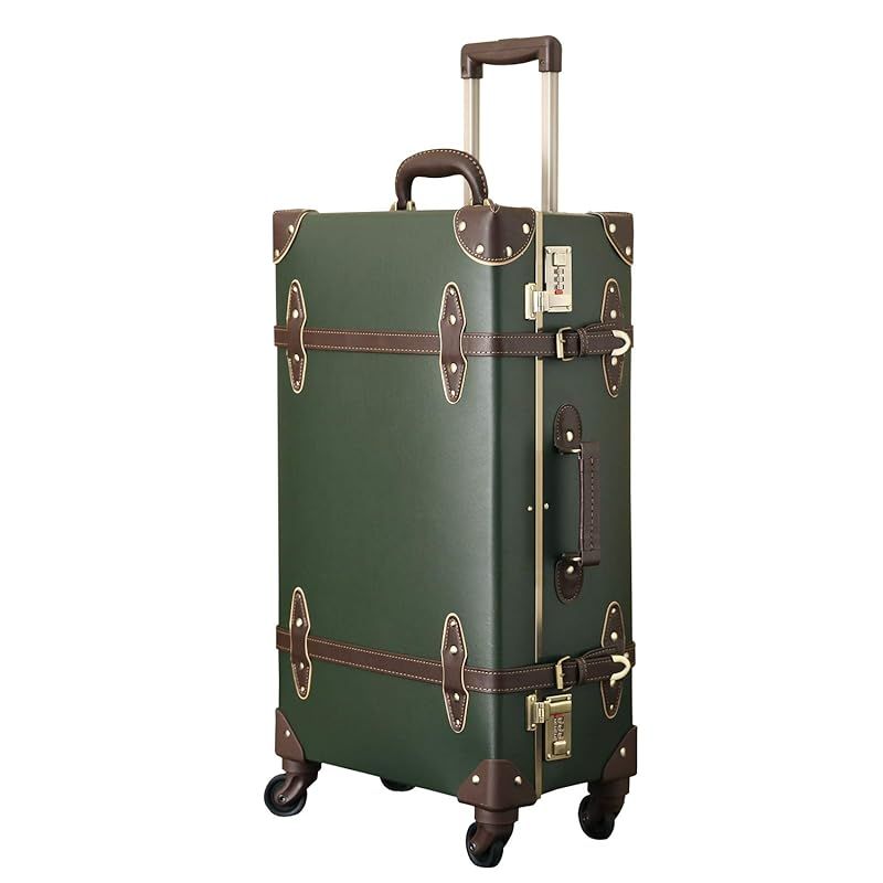 urecity トランクケース キャリーバッグ 革 手作り 復古主義 レトロ おしゃれ かわいい 超軽量 旅行 出張 大容量 静音四輪 ダークグリーン Lサイズ 24 49L 0