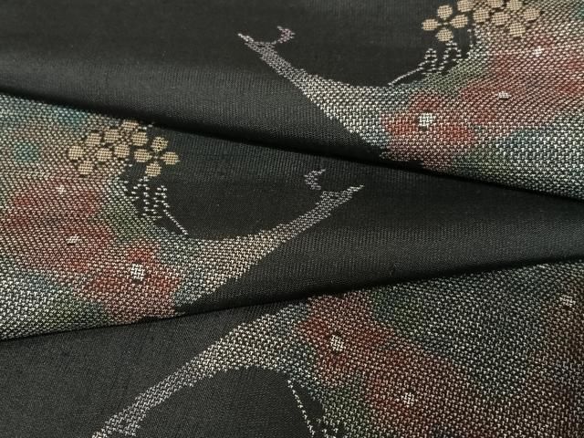 平和屋着物○本場大島紬 9マルキ 地空 風景草花文 黒地 正絹 逸品