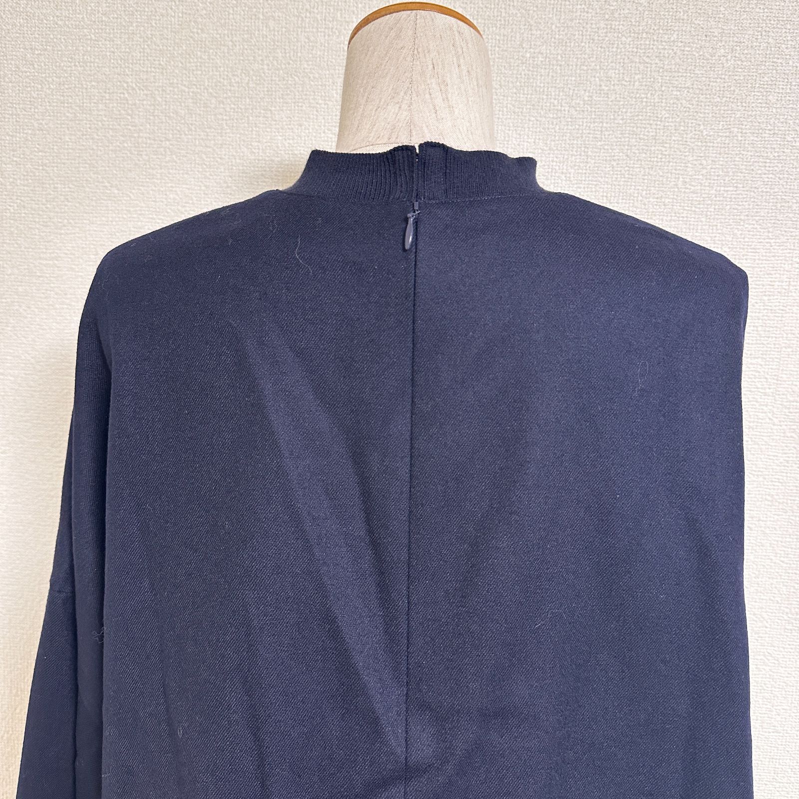  ENFOLD 22 AW LAYERED PULLOVER レイヤードプルオーバー クロップド丈ウールカットソー×シャツレイヤード風 オーバーサイズ 前後差丈 チュニック ロールアップ風ワイドスリーブ ネイビー 長袖 Tシャツ カットソー