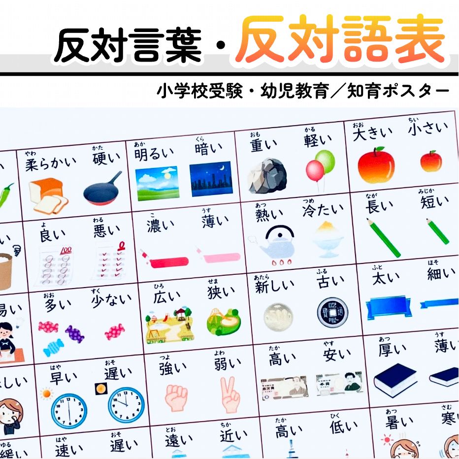 反対語表 反対言葉 対義語ポスター 小学校受験教材 幼児教育 知育 - メルカリ