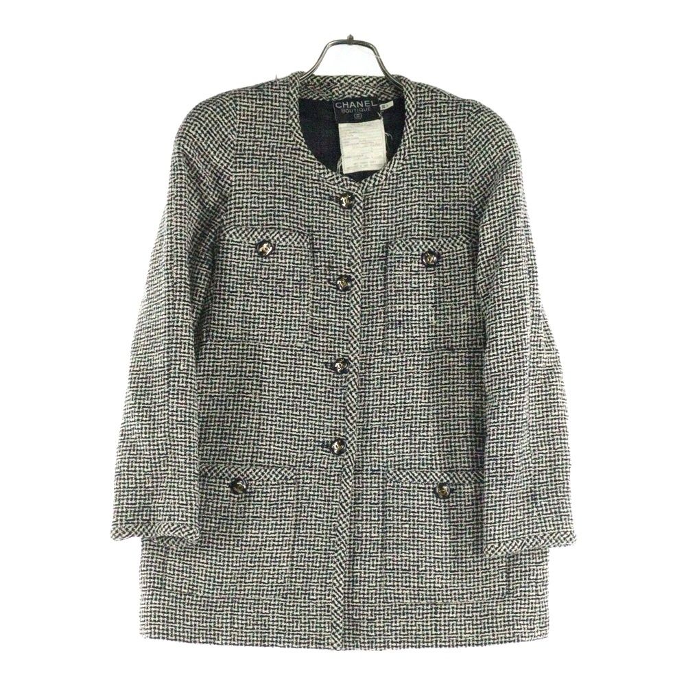 【ワイフ品】CHANELウール ココマークボタン ノーカラージャケット CHANEL (シャネル) ココマークボタン ウール ファンシーツイード