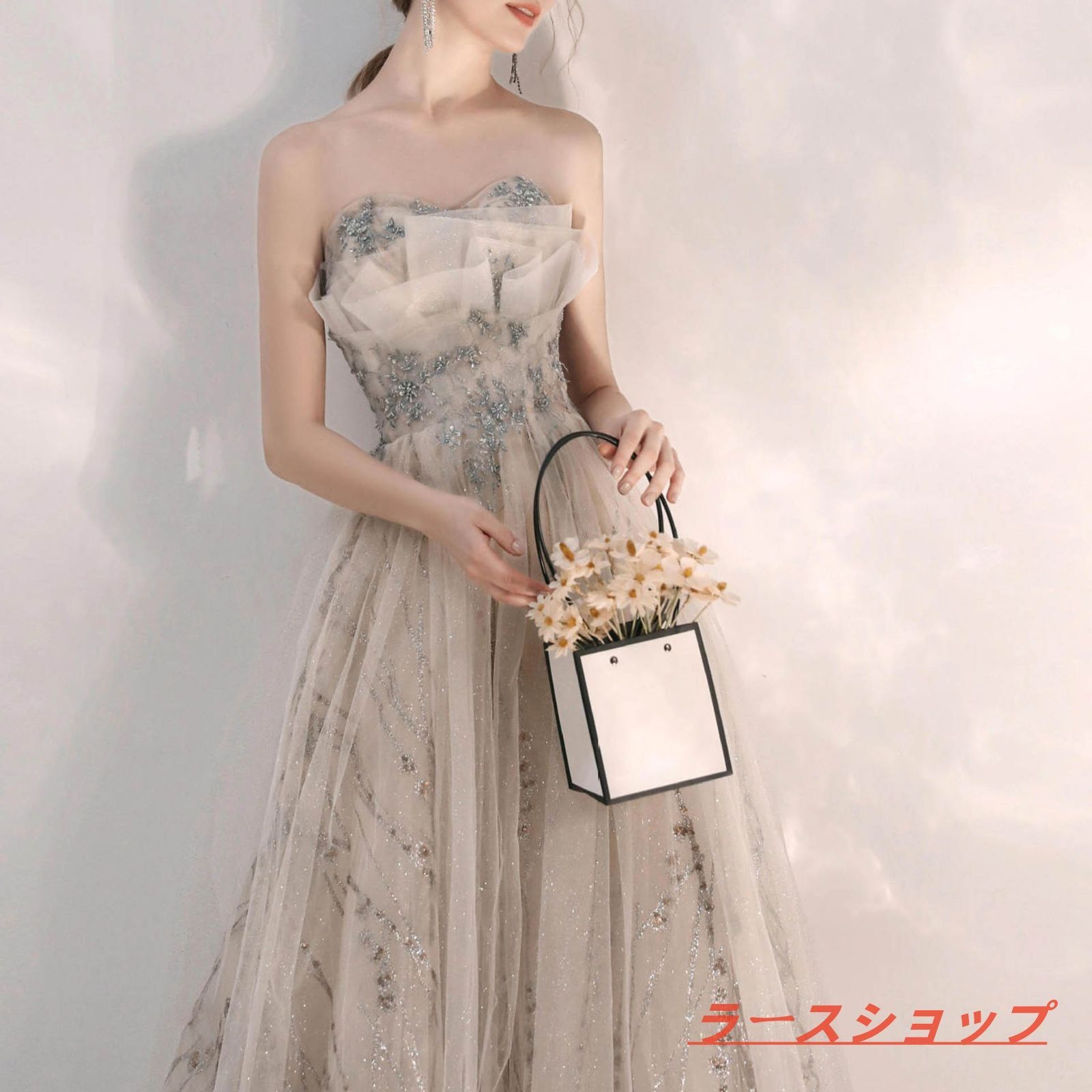 ロングドレス 演奏会 パーティードレス ベアトップ 結婚式 刺繍 イブニングドレス フォーマルドレス 淡い色 グラデーション ブライダル 二次会 ワンピース ウエディングドレス