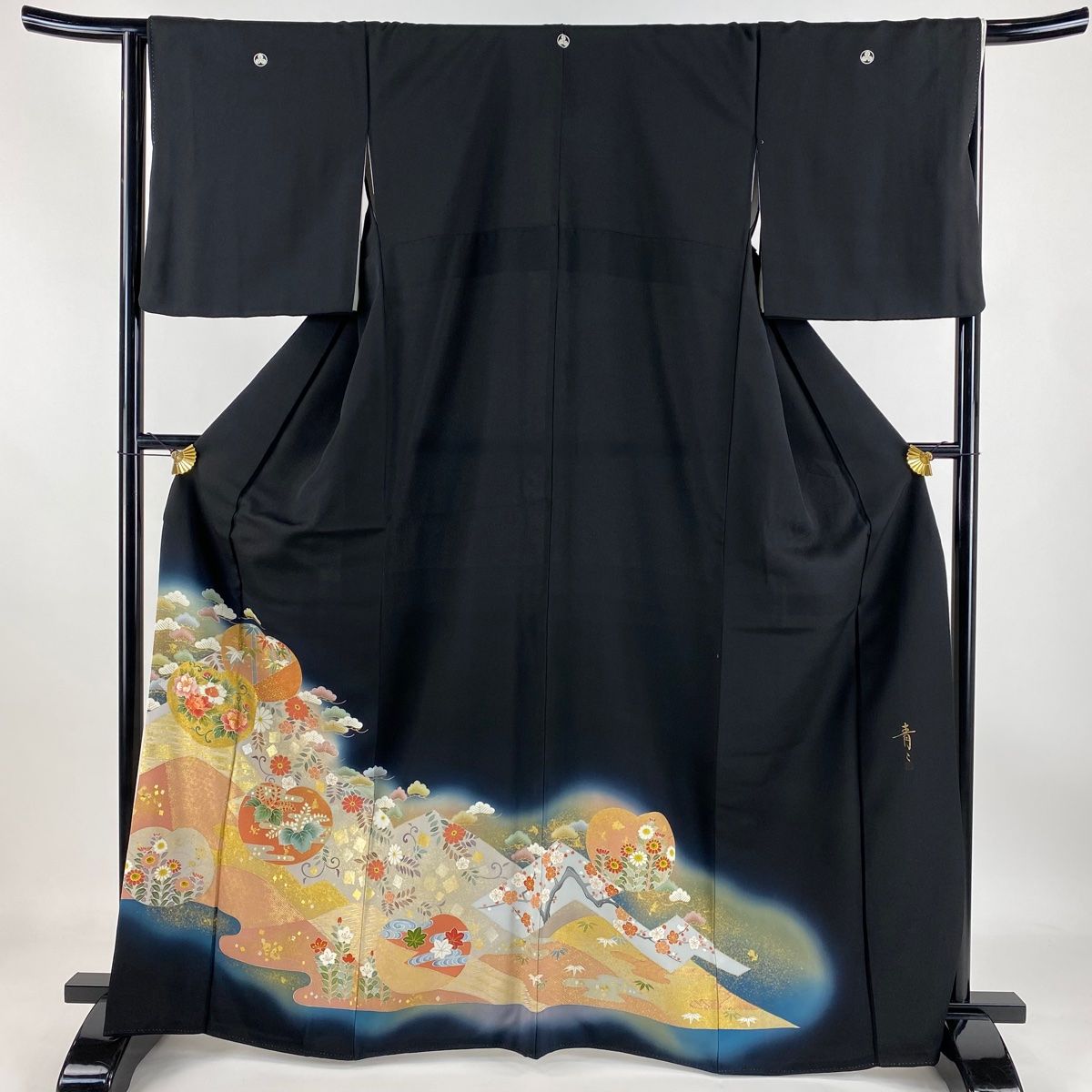 黒留袖 身丈167.5cm 裄丈65cm M 袷 松井青々 落款 団扇 松竹梅 金銀彩 刺繍 黒 正絹 名品