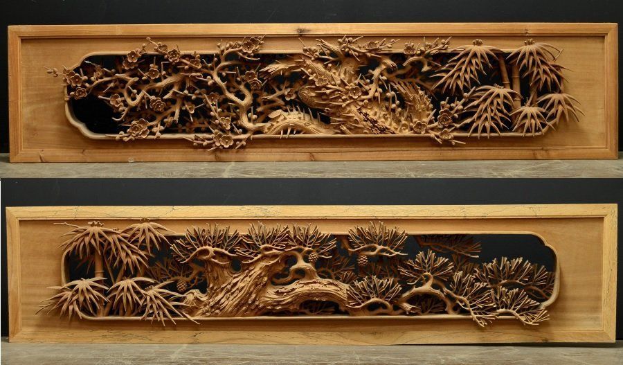 蔵A5417 建具 彫刻欄間 松竹梅 一対 古民家座敷