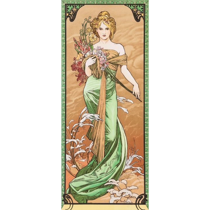 絵画風 壁紙ポスター (はがせるシール式) 【フルサイズ版】 アルフォンス・ミュシャ 四季-春- Spring 1900年 四季シリーズ 連作 アールヌーヴォー キャラクロ K-MCH-039S2 (291mm×699mm)