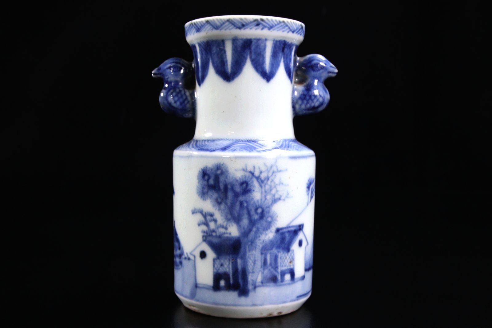 中国古玩 白磁製 鳥双耳染付花瓶 12.5cm 箱付 唐物 骨董 古美術 楾 P3