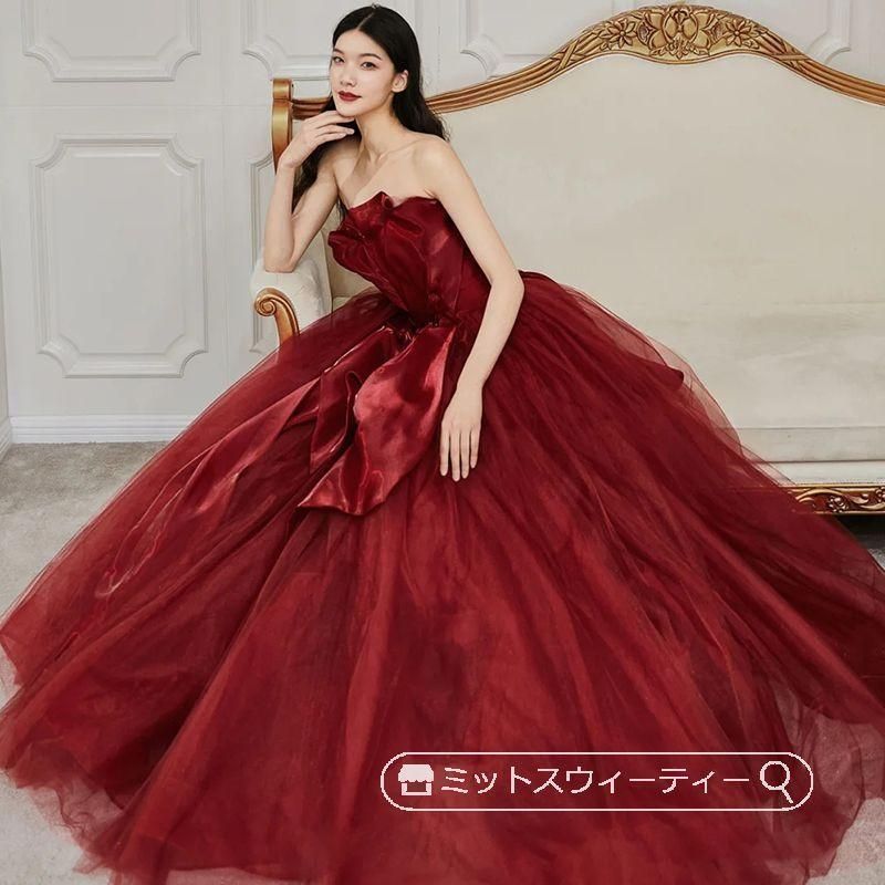 ドレス アンティークレッド 二次会 パーティードレス 演奏会 発表会 花嫁 結婚式 ウェディングドレス ビスチェドレス 赤 上品 ロングドレス プリンセス