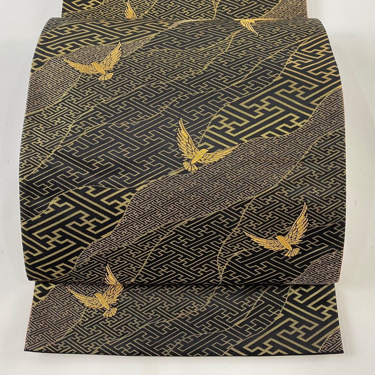 袋帯 秀品 斉藤三才 落款 鳥 紗綾形 金糸 箔 黒 六通 正絹 【中古  