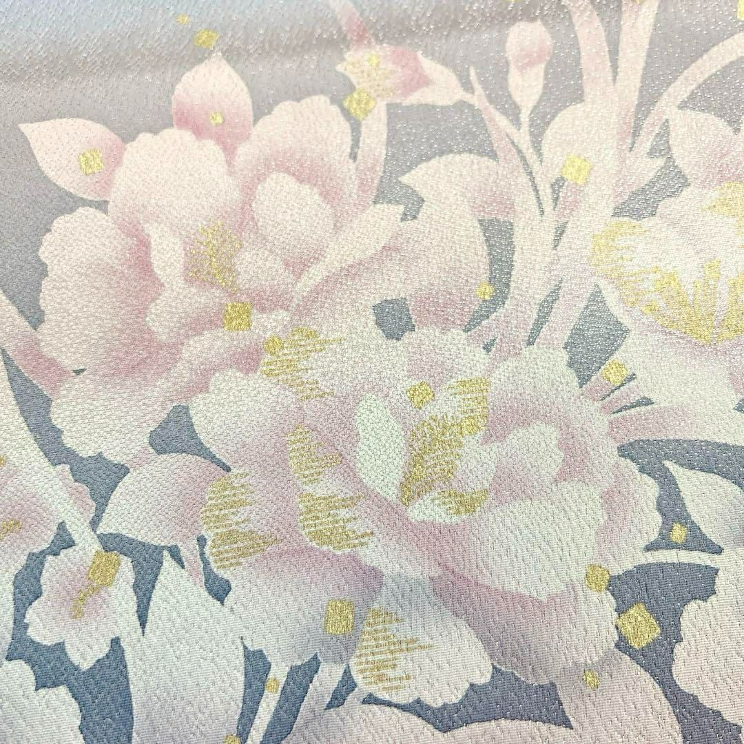 袋帯　牡丹　芙蓉　桜　銀通し　色紙散らし　金彩　パープル　着物　092w d 袋帯 牡丹 芙蓉 桜 銀通し 色紙散らし 金彩 パープル 着物 092w