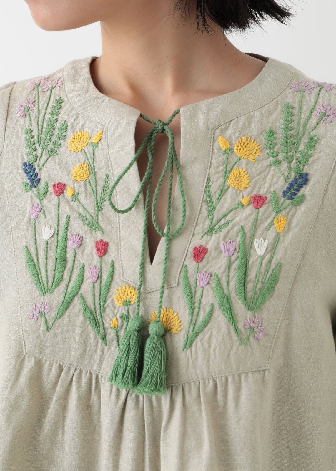  手織りオーガニックコットン フラワー手刺繍 ペザントブラウス セージグレイ M L ピープルツリー 長袖 シャツ ブラウス