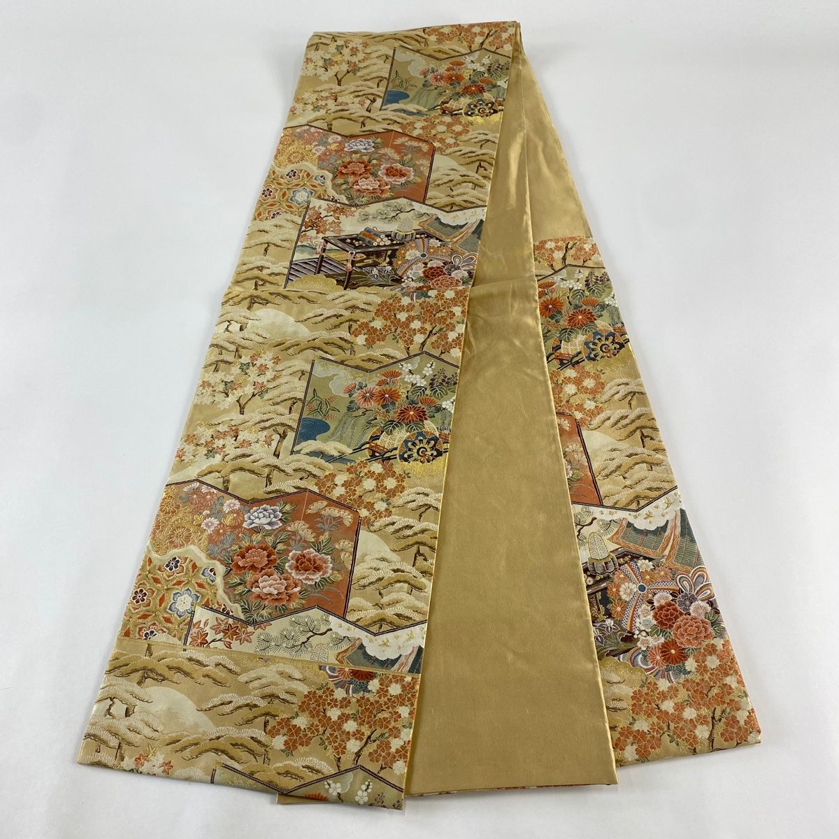 美品】袋帯 六通 暗いベージュ お花 風景 シック OB095