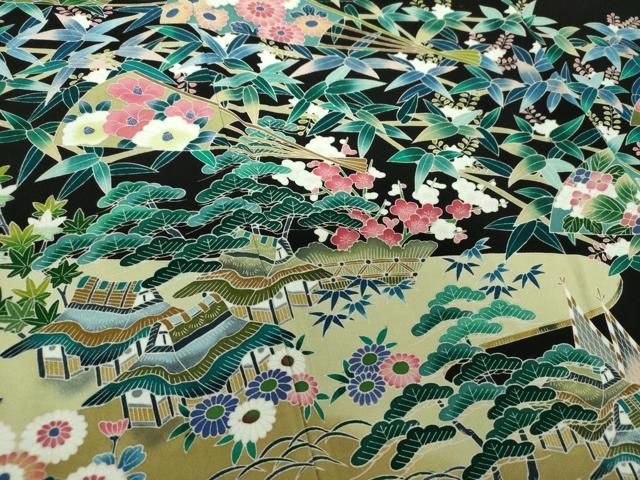 平和屋着物○豪華黒留袖 友禅 作家物 立波風景花文 正絹 逸品 未使用