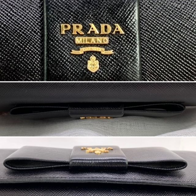 ☆良品☆ PRADA プラダ 長財布 リボン サフィアーノ レザー ブラック 財布 折財布 二つ折り ロゴ金具 ゴールド 金具 フラップ 黒  レディース 人気 ミラノ B-135