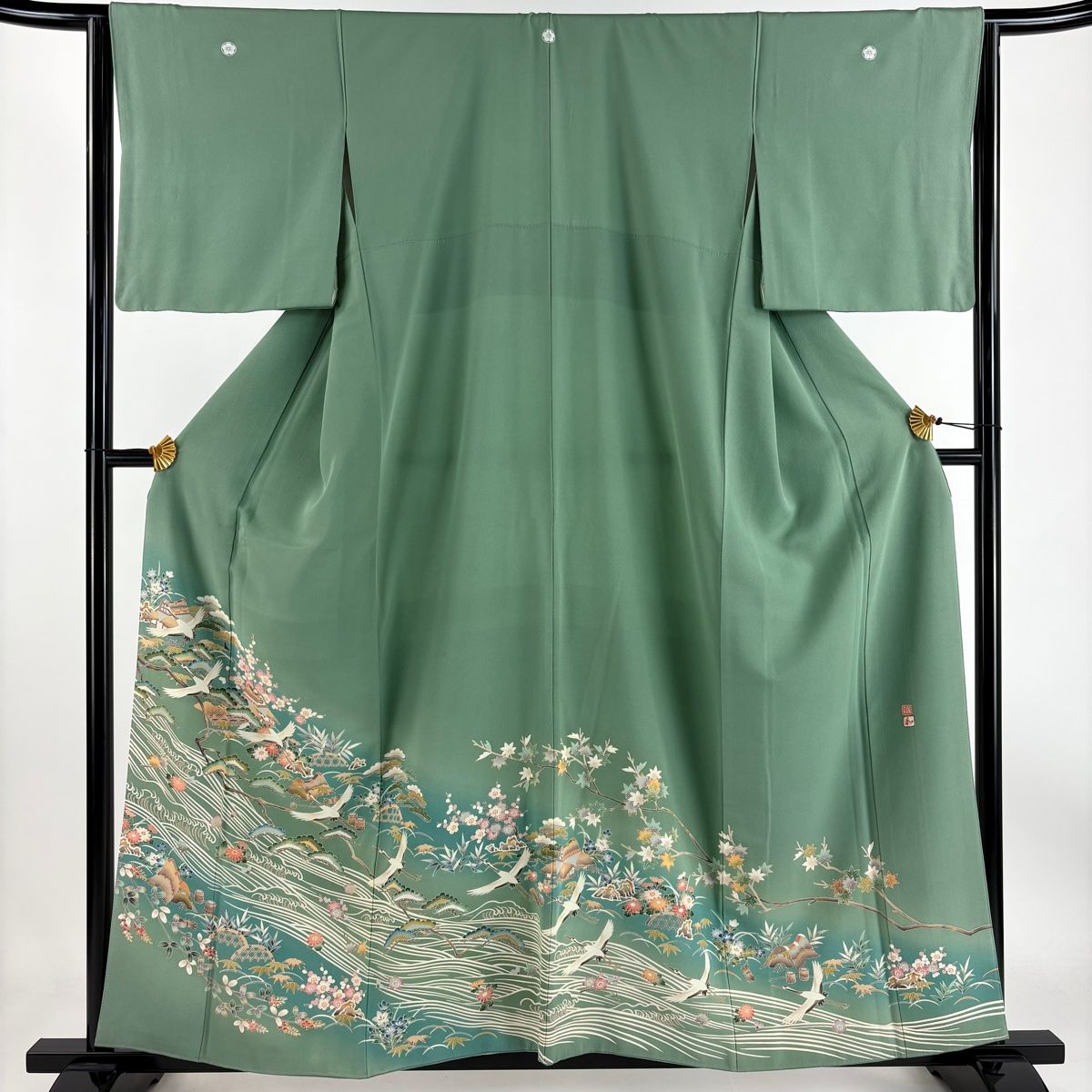 色留袖 未使用 正絹 舞鶴 松竹梅 身丈159cm 裄丈66.5cm 梅鉢 一つ紋 未着用 美品 新古品 未使用品 着物 フォーマル レディース f4087 色留袖 身丈156cm 裄丈64cm M 袷 落款 松竹梅 鶴 染め分け ぼかし 灰緑