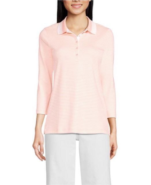 送料無料 ランズエンド レディース ポロシャツ トップス Women s 3|4 Sleeve Supima Cotton Polo Shirt Crisp peach stripe|tipped