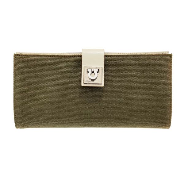 サルヴァトーレ フェラガモ 長財布 ガンチーニ 二つ折り長財布 キャンバス レザー 革 カーキグリーン系 アイボリー系 22 0013 Salvatore Ferragamo ファスナー長財布 財布 ロングウォレット ウォレット サイフ