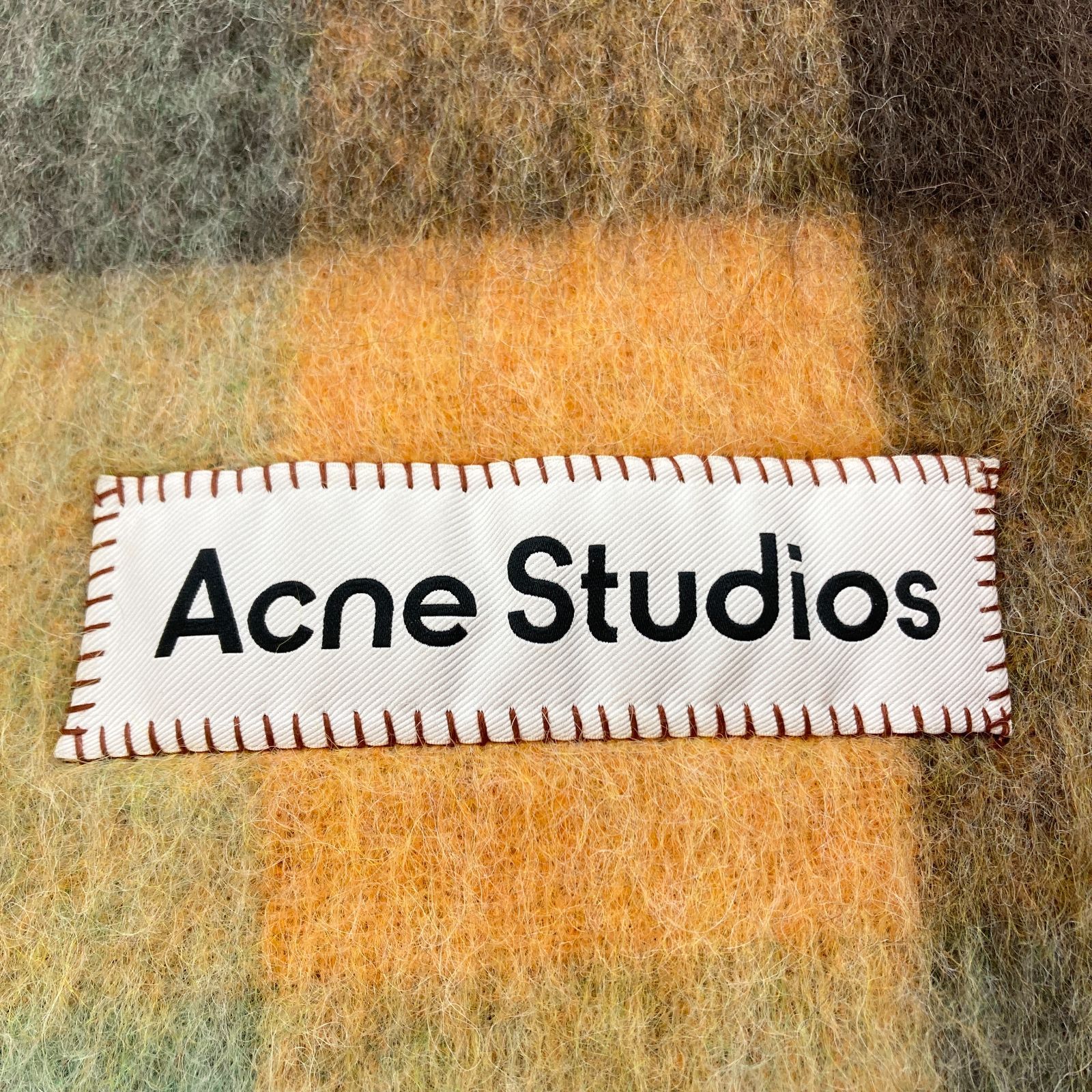 Acne Studios アクネストゥディオズ モヘアチェックスカーフ CA0084 マフラー チェック フリンジ ロゴ チェスナッツブラウン イエロー グリーン メンズ レディース PAWNSHOPRiZ パウンショップリズ