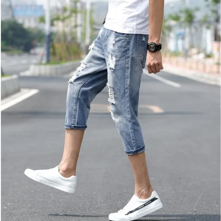 デニム ハーフパンツ 膝下丈 ダメージ メンズ デニム ショート