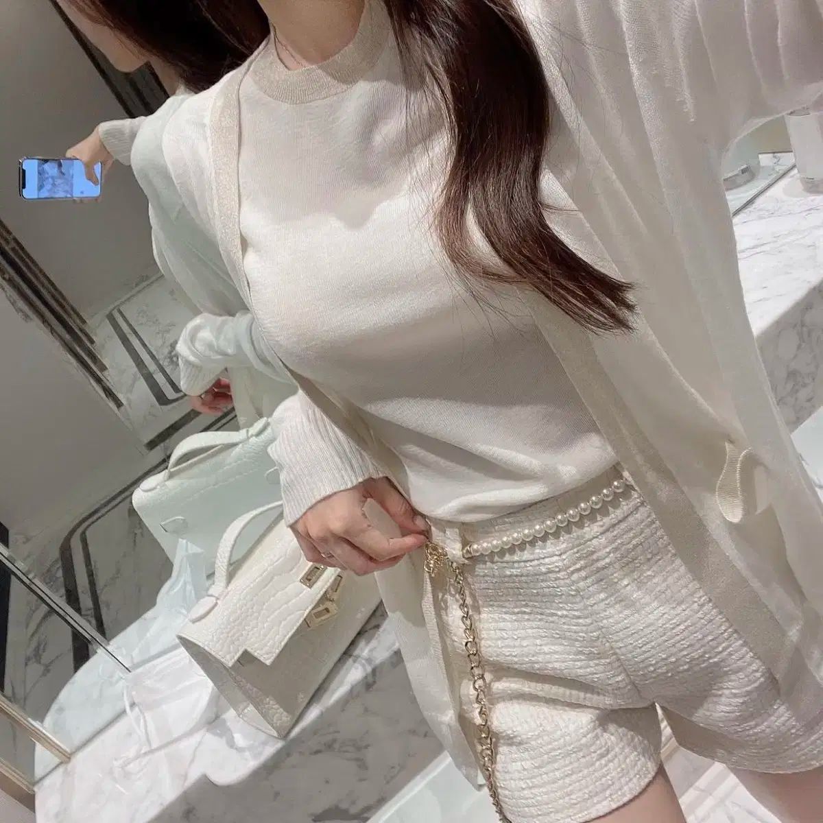 カーディガン ツイードパンツ