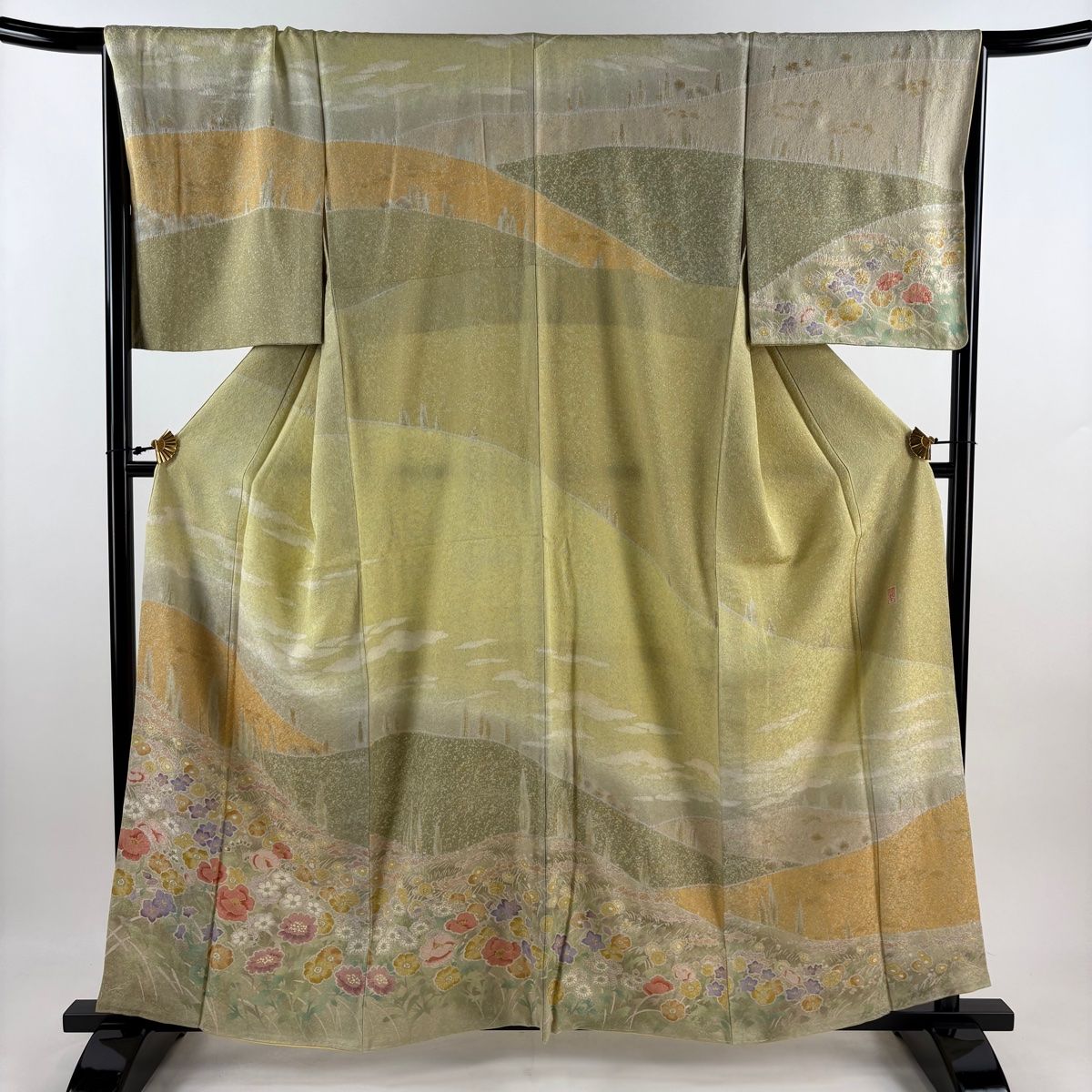 訪問着 身丈160cm 裄丈68cm L 袷 落款 風景 草花 銀通し 金彩 抹茶色 正絹 名品