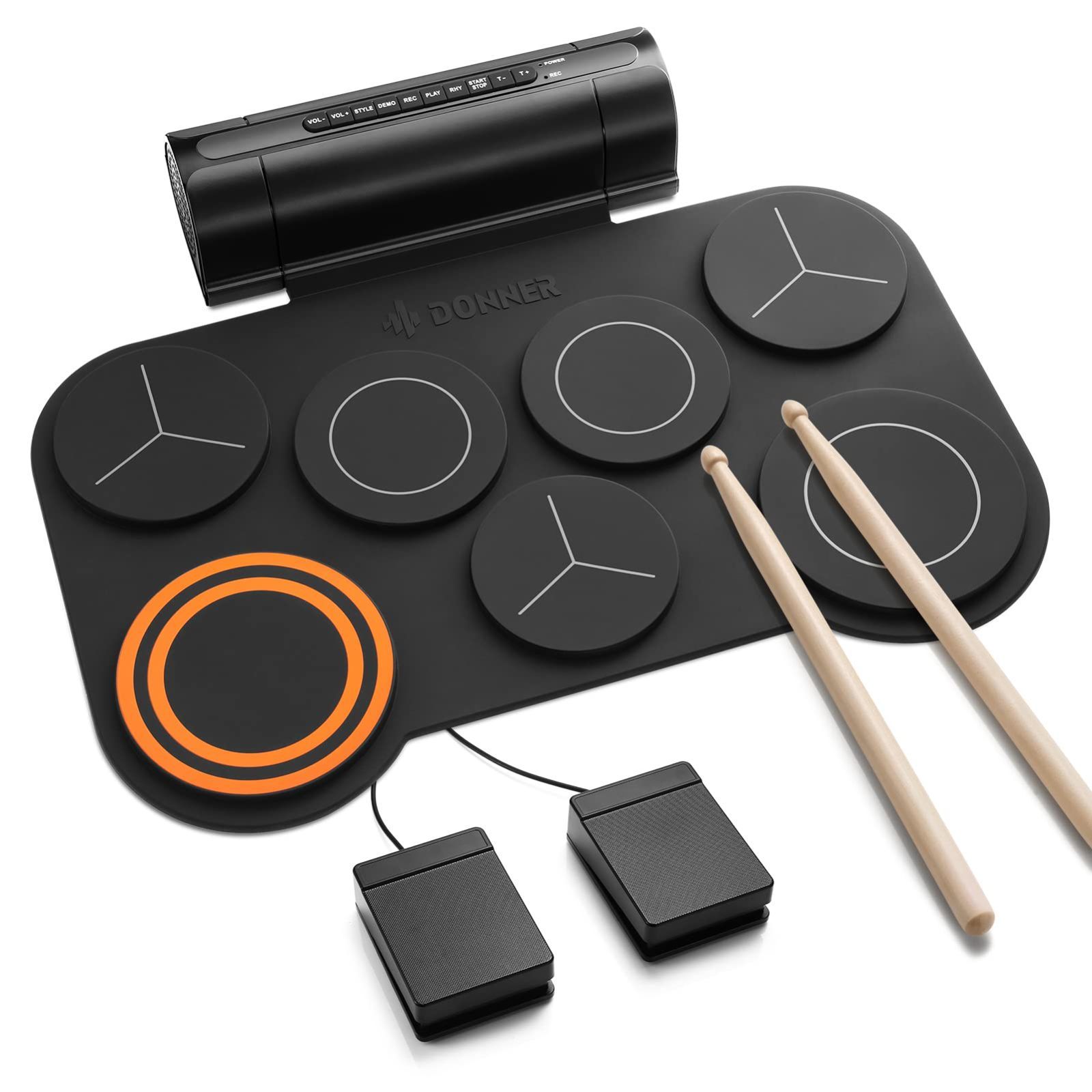 Donner 電子ドラム ロールアップ ポータブルドラム スピーカー内蔵 2WAY給電 MIDI 録音機能 デモ12曲 9リズム フットペダル スティック オーディオ-USBケーブル 日本語取扱説明書 子供 DED-20 ブラック