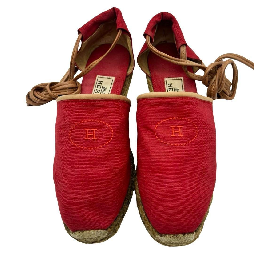 HERMES エルメス エスパドリーユ レースアップ フラットシューズ レッド コットン 38 約25 cm MADE IN SPAIN レディース