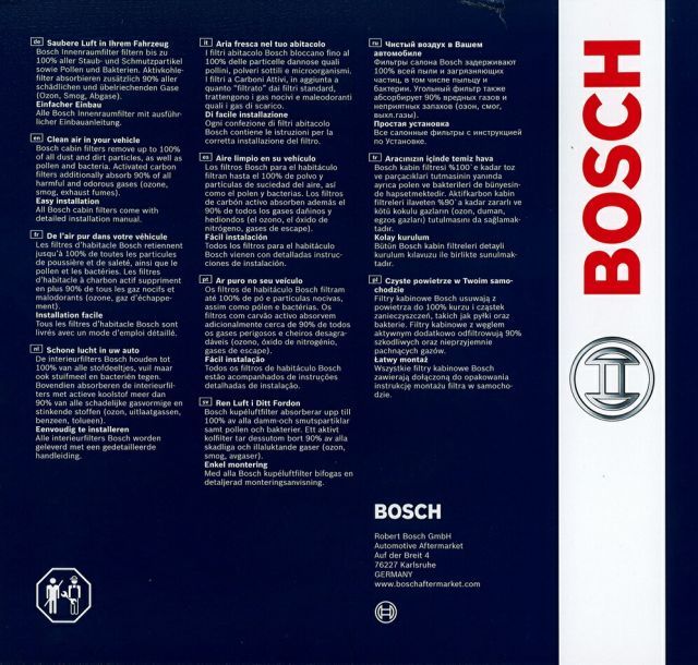 フィアット 500C[312] 1200CC BOSCH(ボッシュ) 輸入車用エアコンフィルター キャビンフィルター (除塵タイプ) 1987432106