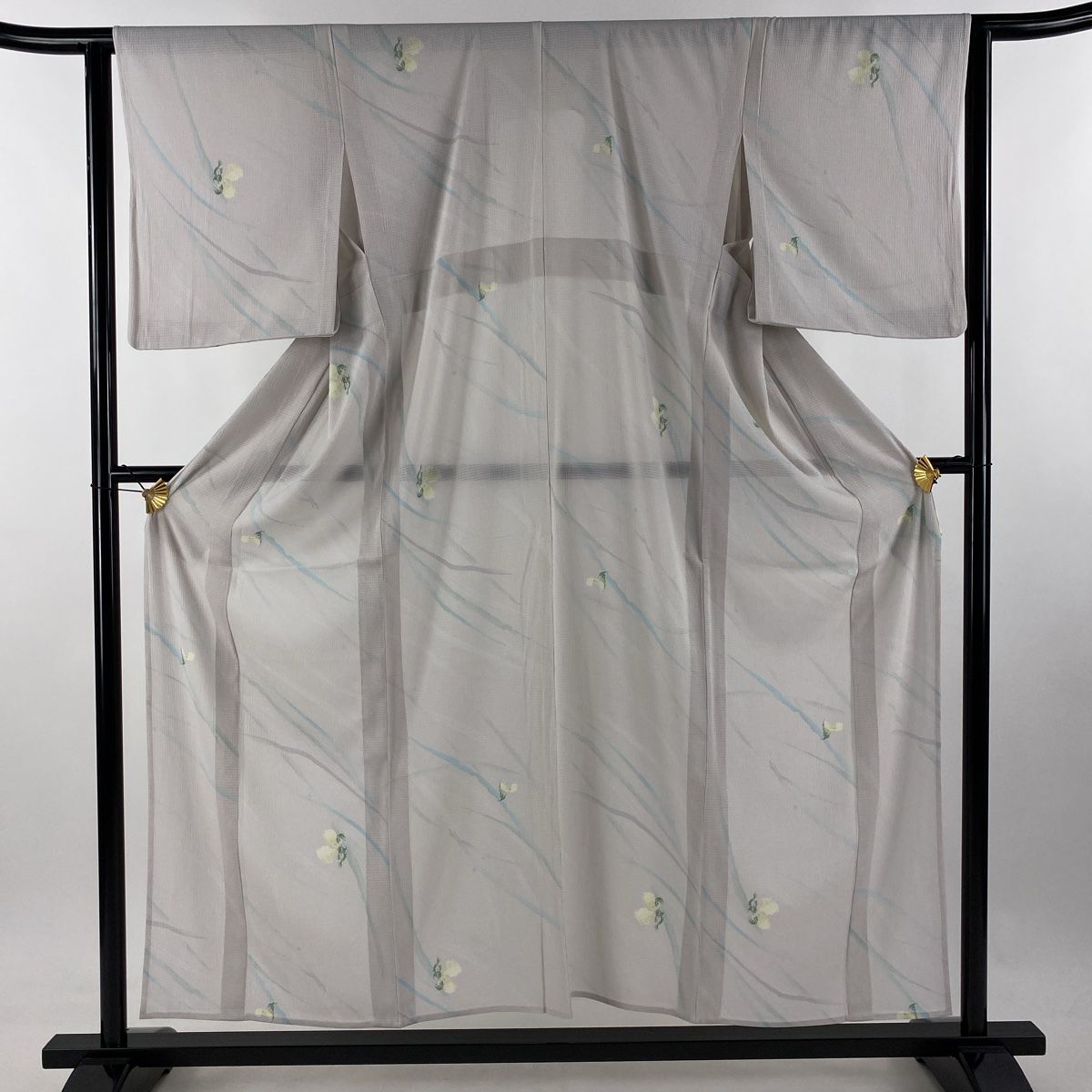 小紋 身丈155cm 裄丈63.5cm S 薄物 絽 草花 幾何学模様 灰紫 正絹 秀品
