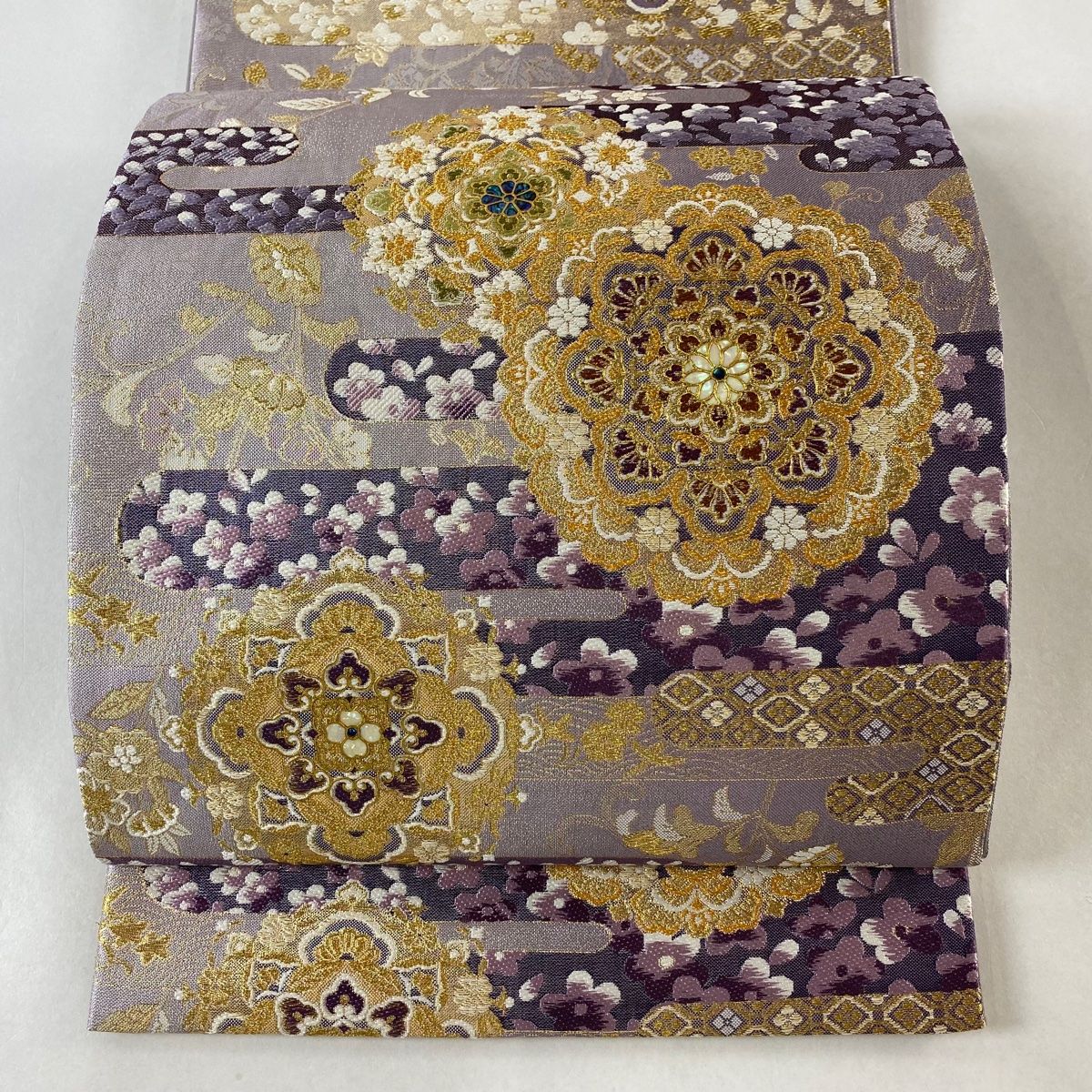 丸帯 名品 やまと 華文 ヱ霞 金糸 金彩螺鈿 薄紫 六通 正絹