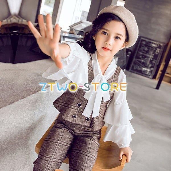 子供スーツ フォーマル 女子 子供服 セットアップ キッズ おしゃれ 長袖 春秋 3点セット ブラウス シャツ 長ズボン チェック柄 入学式 卒業式 通学着