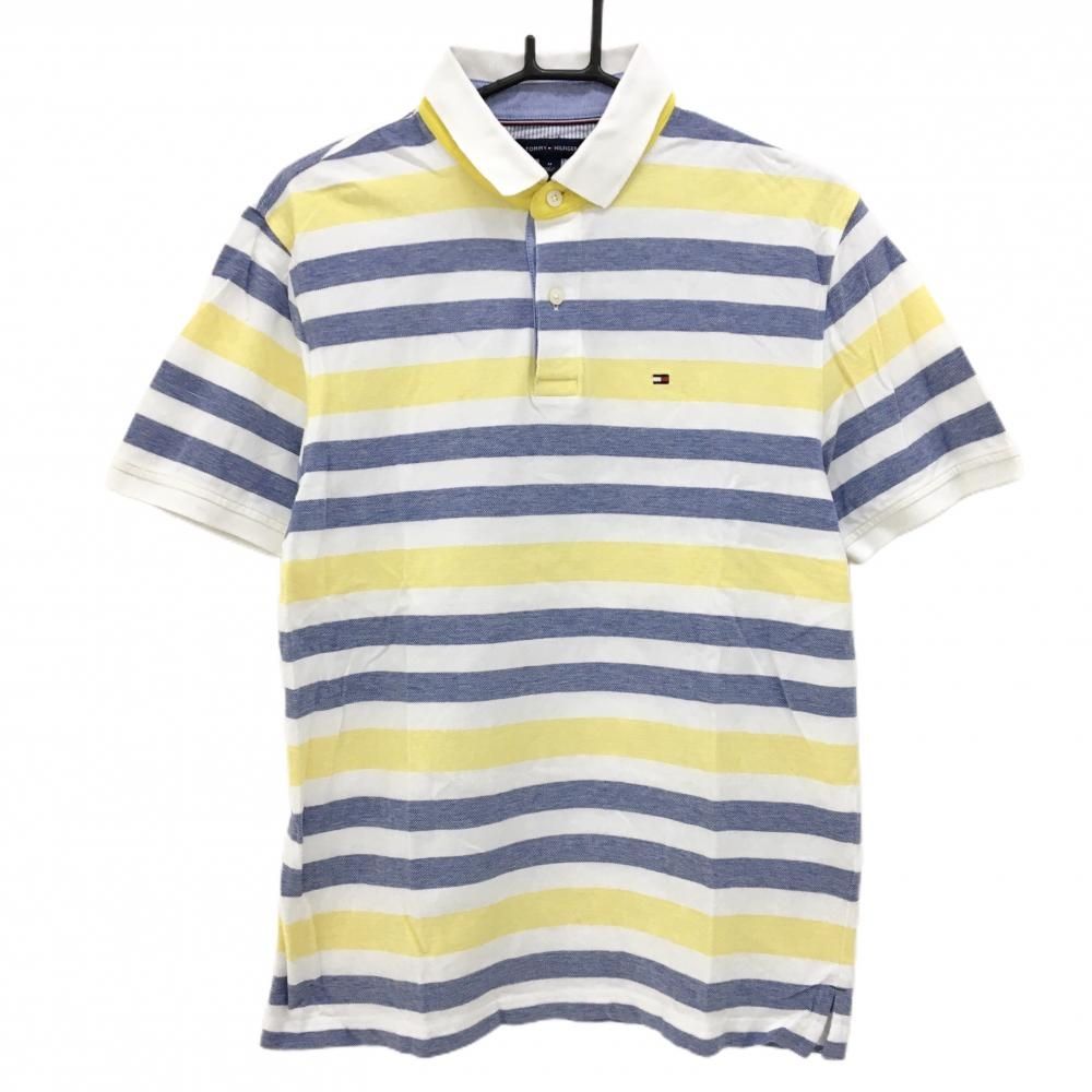 【美品】トミーヒルフィガー 半袖ポロシャツ 白×ネイビー ボーダー ロゴ刺しゅう  メンズ M ゴルフウェア Tommy Hilfiger Golf