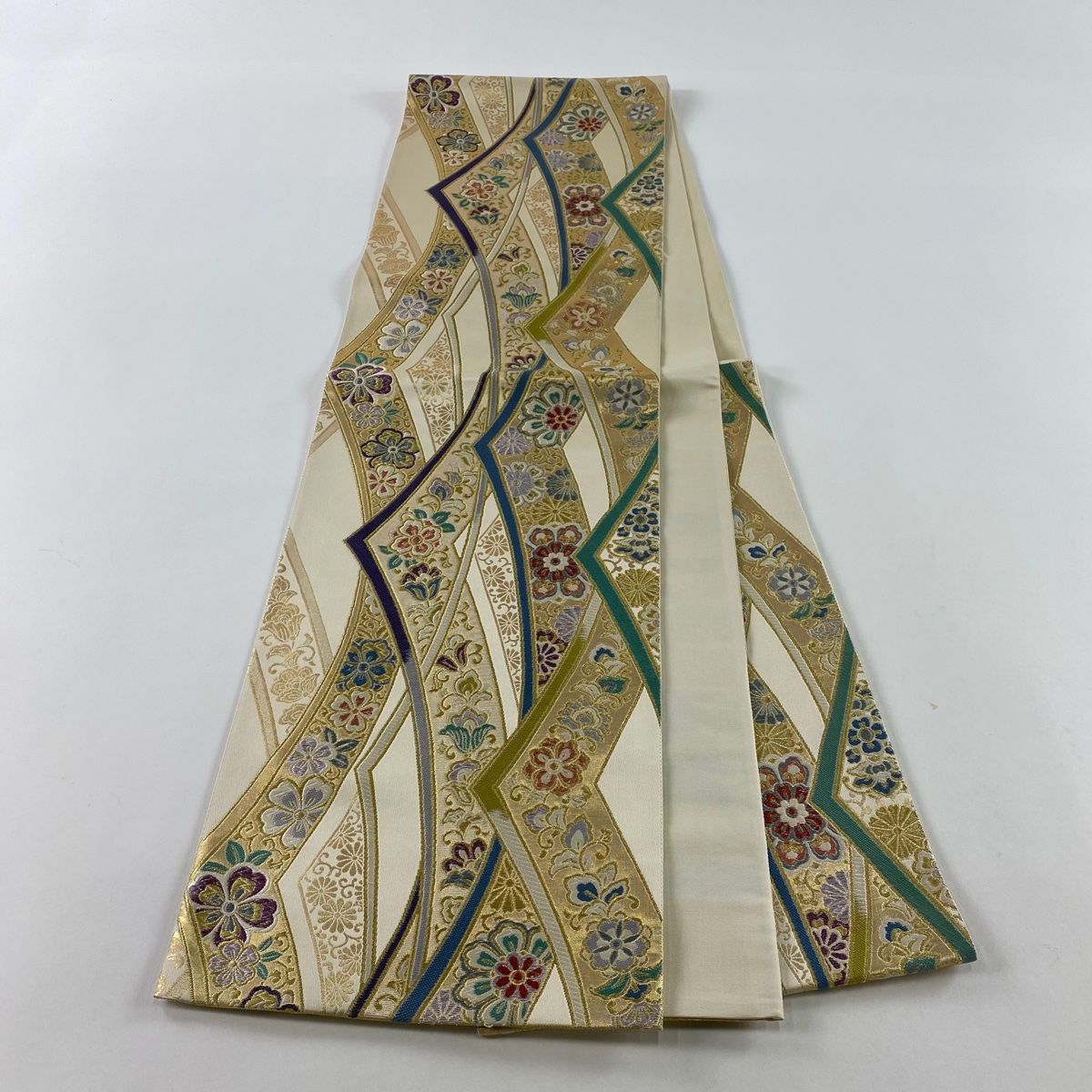 袋帯 美品 秀品 華文 花唐草 金糸 箔 ベージュ 六通 正絹 【中古