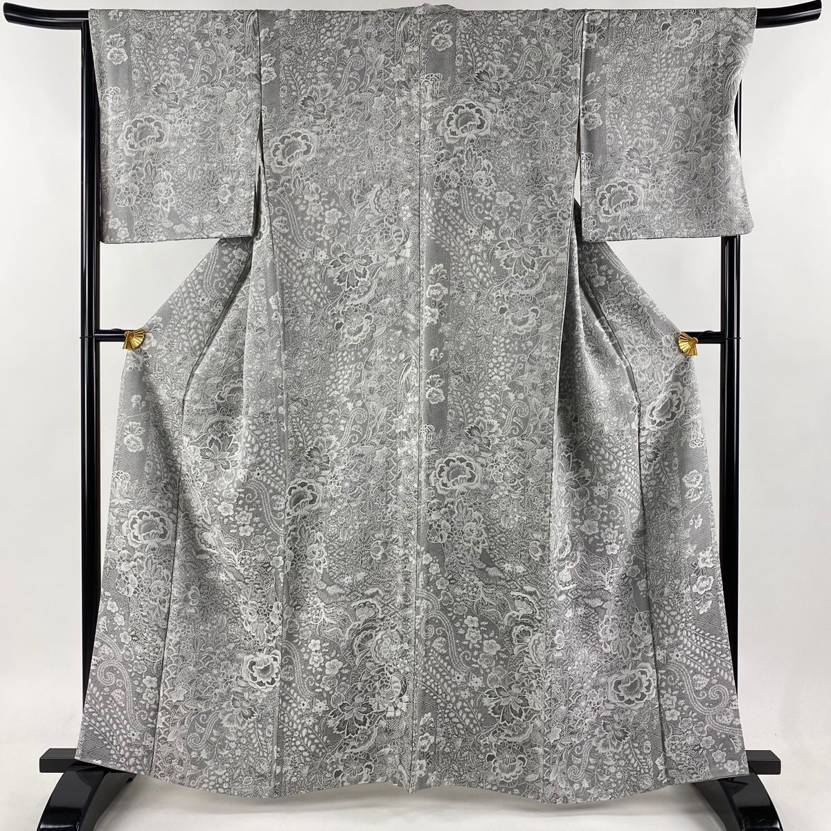 小紋 身丈161cm 裄丈68cm L 袷 山岡古都 落款 更紗 草花 紋意匠 灰色  