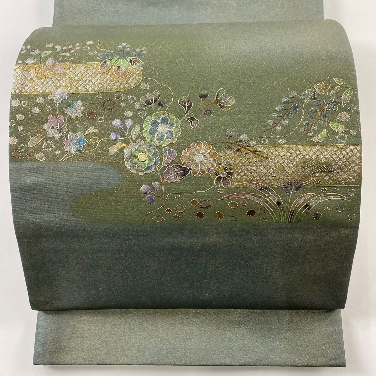 袋帯 美品 名品 華文 刺繍 深緑 お太鼓柄 正絹