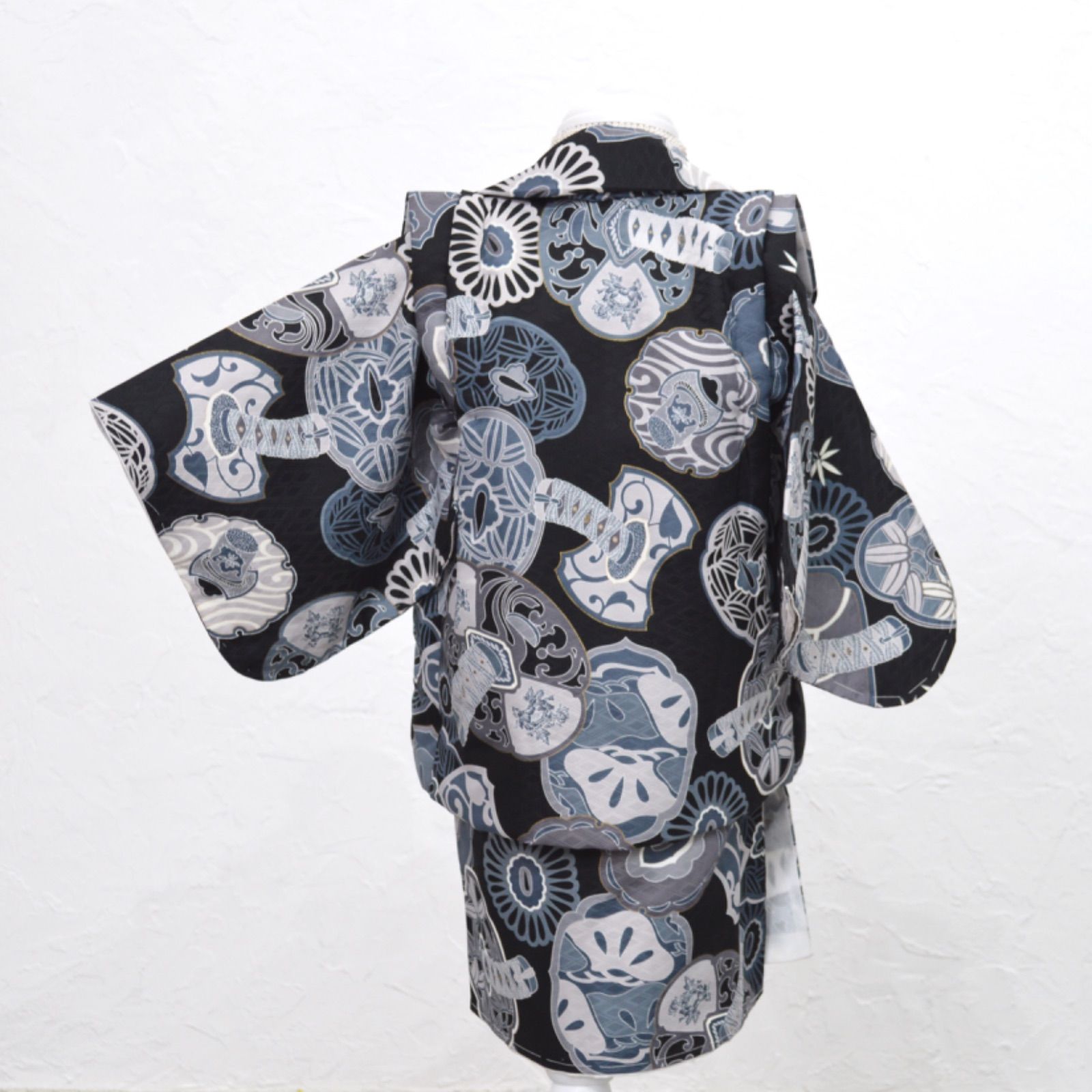 男の子 お祝い着 着物 子ども 被布 総柄 1歳 2歳 和装 着物 呉服 和服 個性的 クマ キッズ ブラック グレー 匿名配送