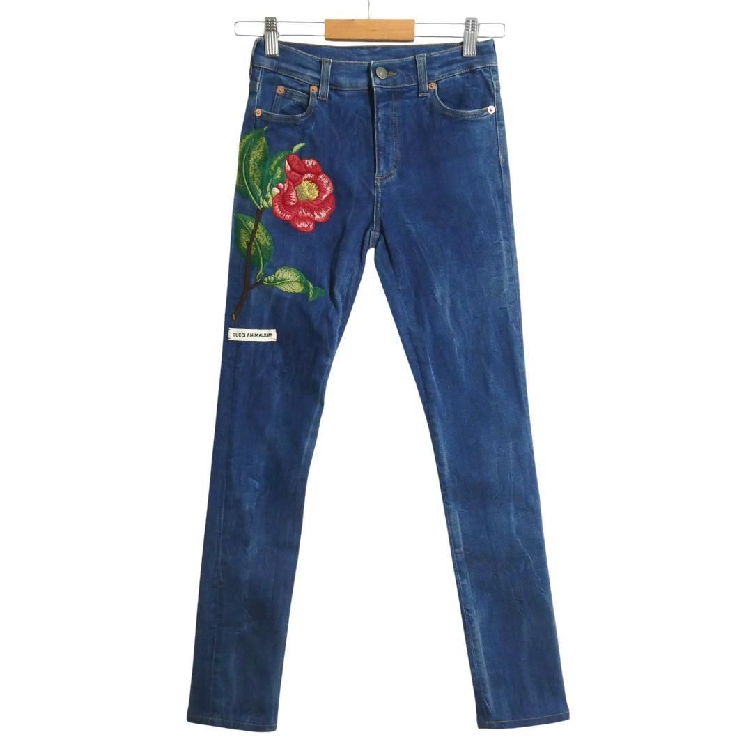美品 GUCCI グッチ デニムパンツ ジーンズ ANIMALIUM 花柄刺繍 スキニー テーパード ストレッチ 470255 ブルー 青 サイズW23 レディース
