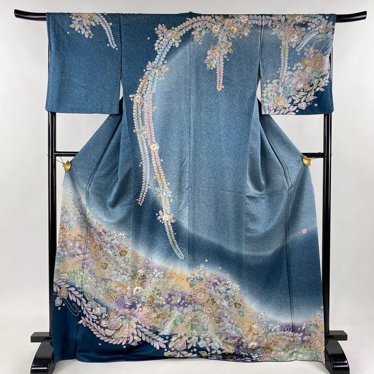 訪問着 身丈171cm 裄丈68cm L 袷 落款 辻が花 流水 金彩 ぼかし 青灰色  