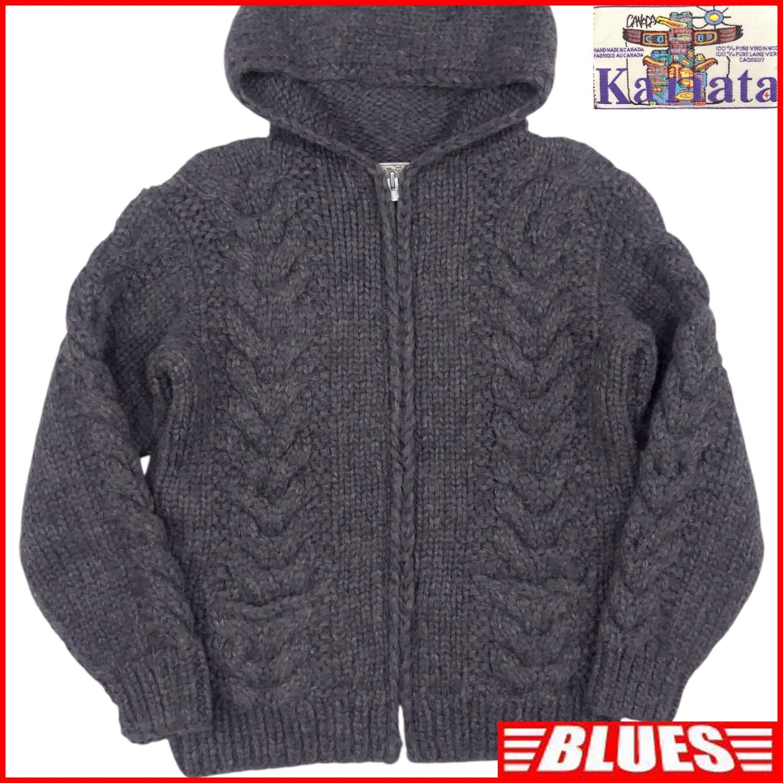 【KANATA】美品 カナタ カナダ製 カウチンセーター XL相当 白グレー カウチン セーター kanata ニット XL カナダ製 カナタ グレー フード