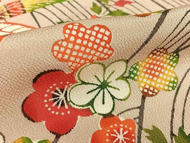 ◆1862◆小紋　鬼しぼ縮緬　作家落款　花尽くし　正絹　袷　和装着物　裄：66㎝ ◇1862◇小紋 鬼しぼ縮緬 作家落款 花尽くし 正絹 袷 和装着物