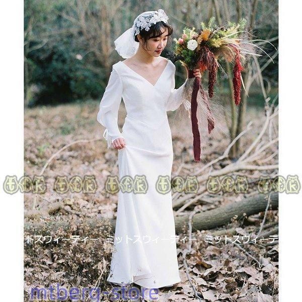 ウェディングドレス ロングドレス 結婚式 長袖 ウエディングドレス 二次会 花嫁 前撮り エレガント サテン ホワイト リゾート ワン