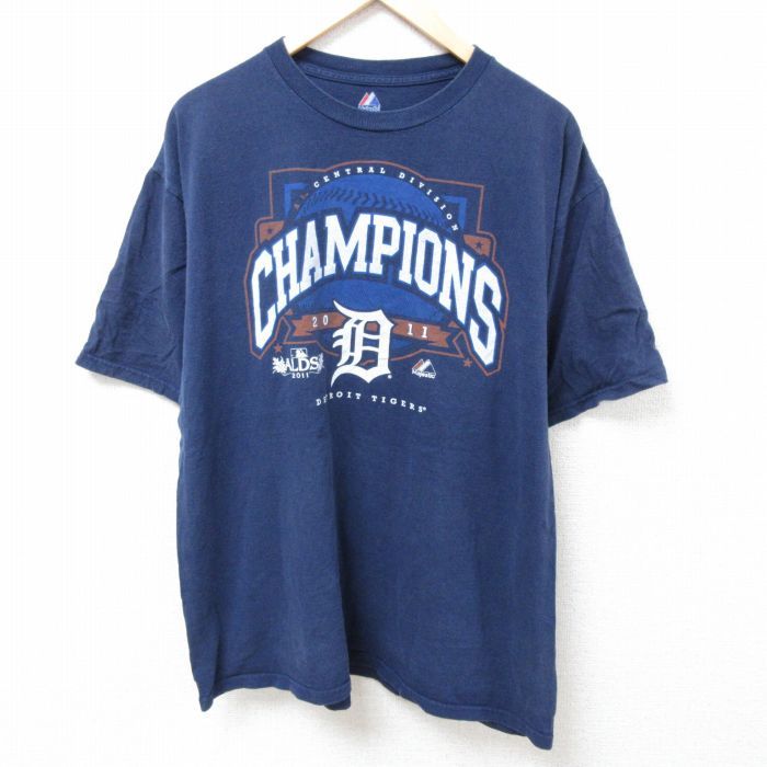 XL/ 半袖 ビンテージ Tシャツ メンズ 00s MLB デトロイトタイガース 大きいサイズ コットン クルーネック 紺 ネイビー メジャーリーグ